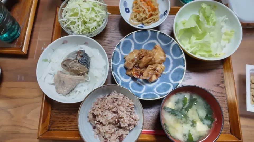 鶏肉味噌焼き
新玉ねぎサバ缶
豆腐とワカメ味噌汁
小豆玄米
キャベツのサラダ
レタス
切り干し大根|ぴーちゃんママさん