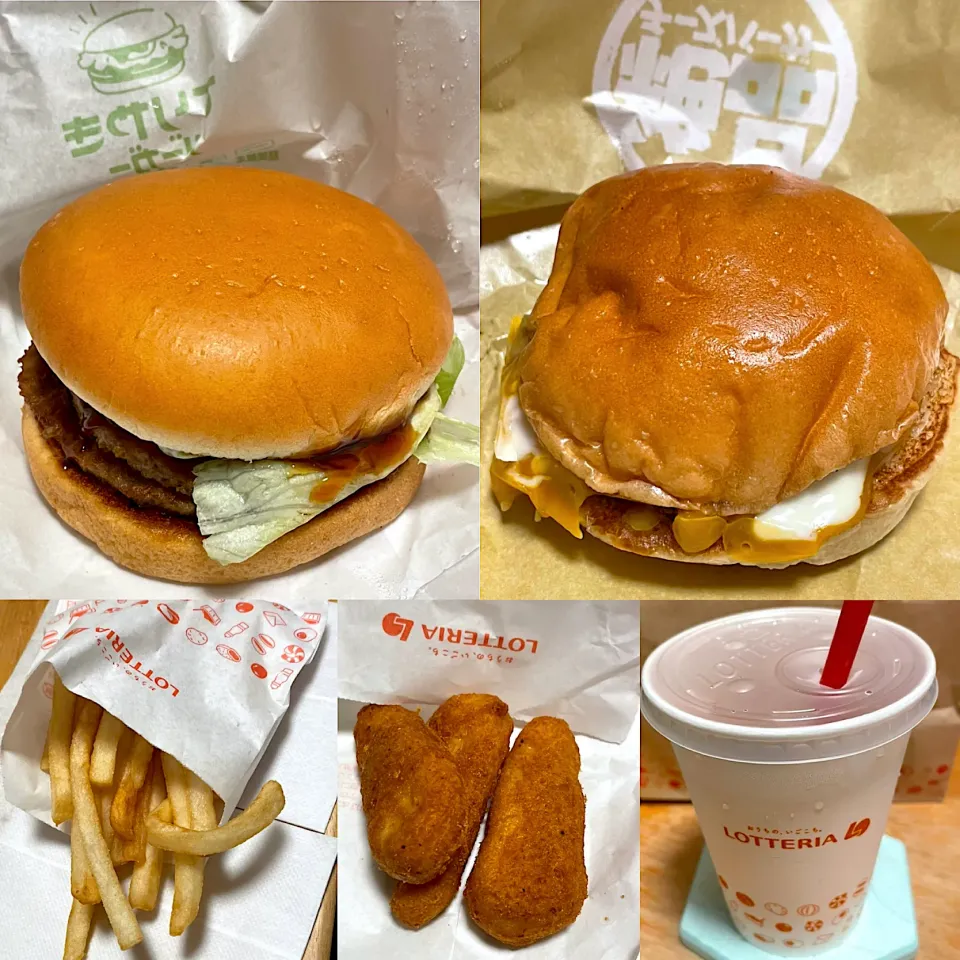 ダブル辛てりやきバーガー🍔　背徳300%絶品チーズバーガー🍔🧀　ポテト🍟　唐揚げ　ジンジャーエール🥤|るみおんさん