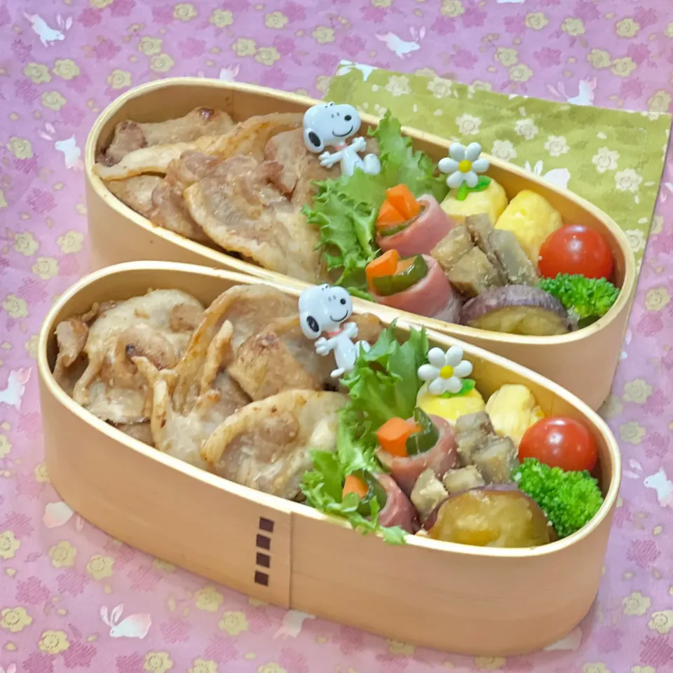 豚生姜焼き☘️の双子ちゃんお弁当💙❤️ 4/9土|sweet homeさん