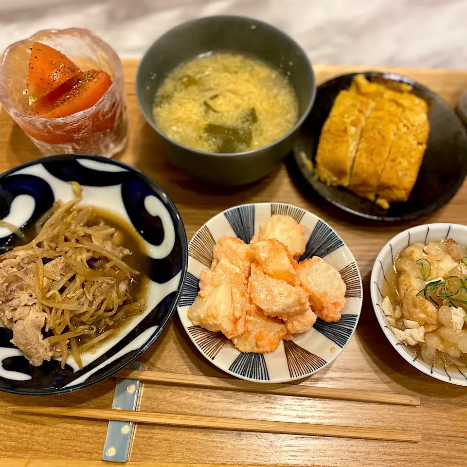 Snapdishの料理写真:豚もやしのうまだれ蒸し、出し巻き卵|なつこさん