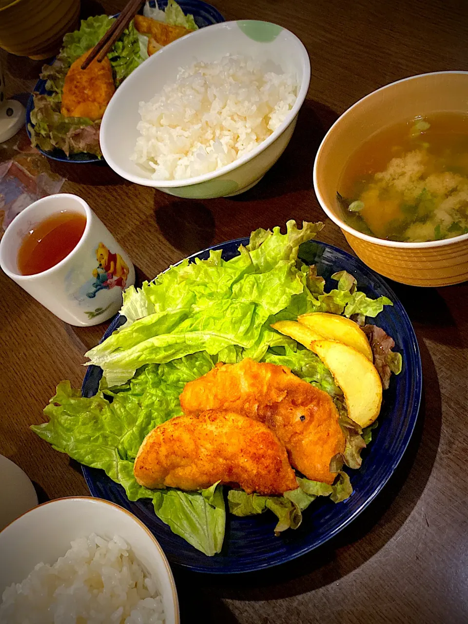 鶏ささ身フライ　フライドポテト　若芽とネギのお味噌汁　ほうじ茶|ch＊K*∀o(^^*)♪さん