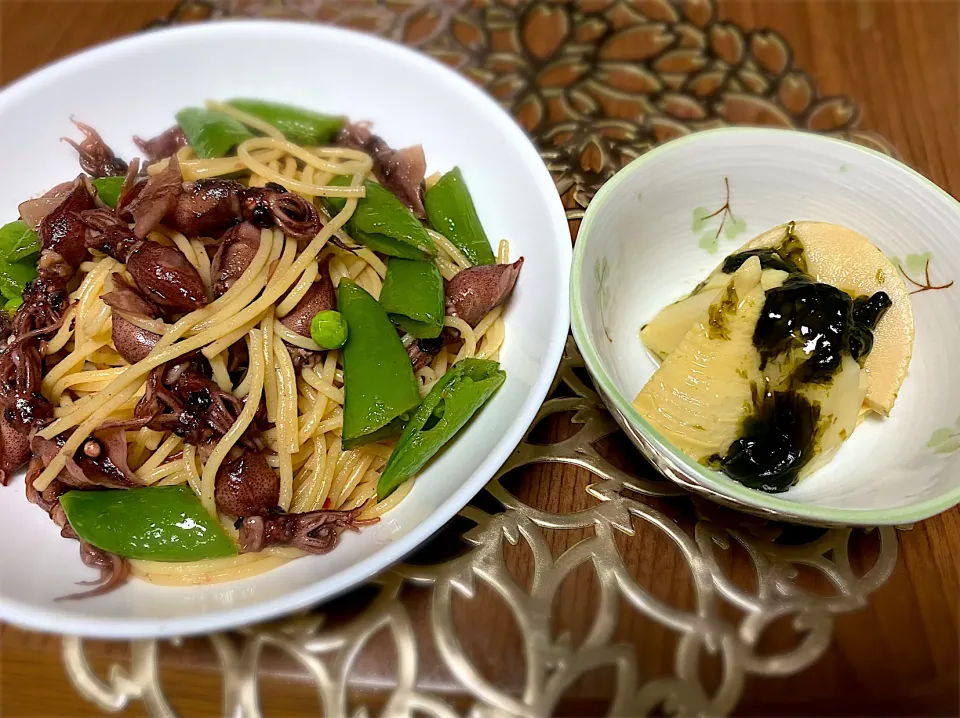 ほたるいかとスナップえんどうの和風ペペロンチーノ　　若竹煮|まるちゃんさん