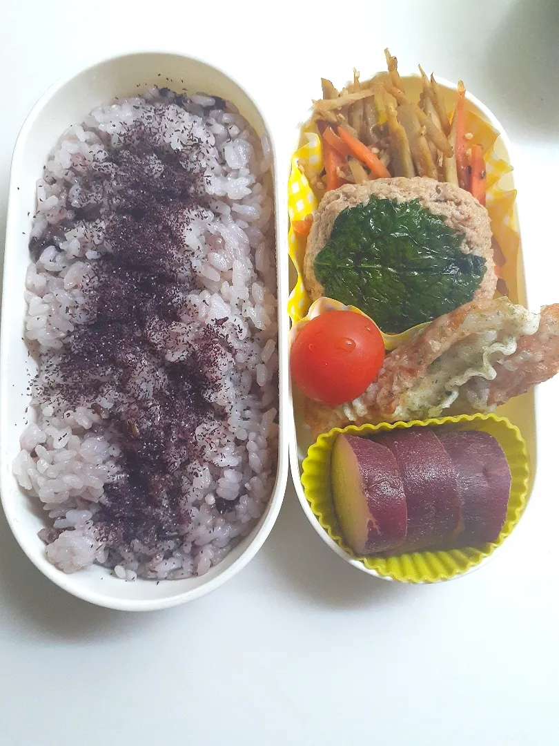 ☆中学生弁当☆ゆかり黒米入りごはん、金平牛蒡、しそバーグ、ミニトマト、竹輪磯揚げ、薩摩芋レモン煮|ｼｮｺﾗさん