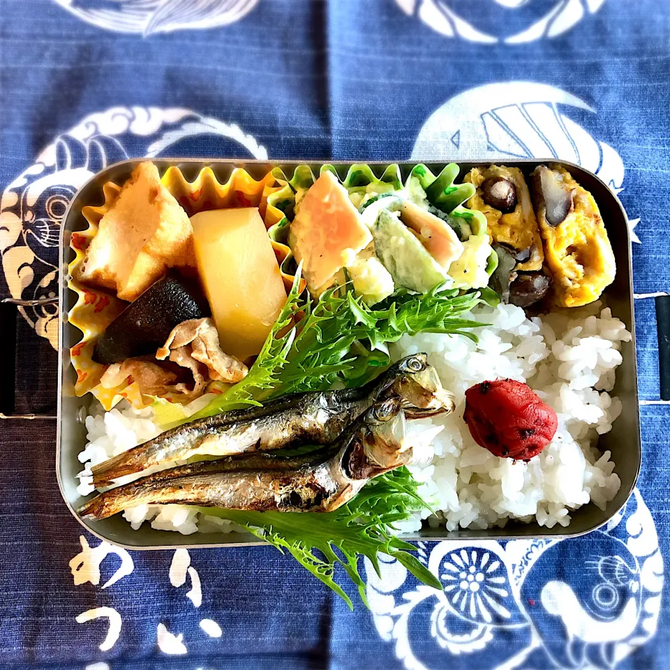 サラ弁　　　　　　　　　　　　　　　　　　ポテサラ　めざし焼き　煮物　うずら豆卵焼き|じゅんさんさん