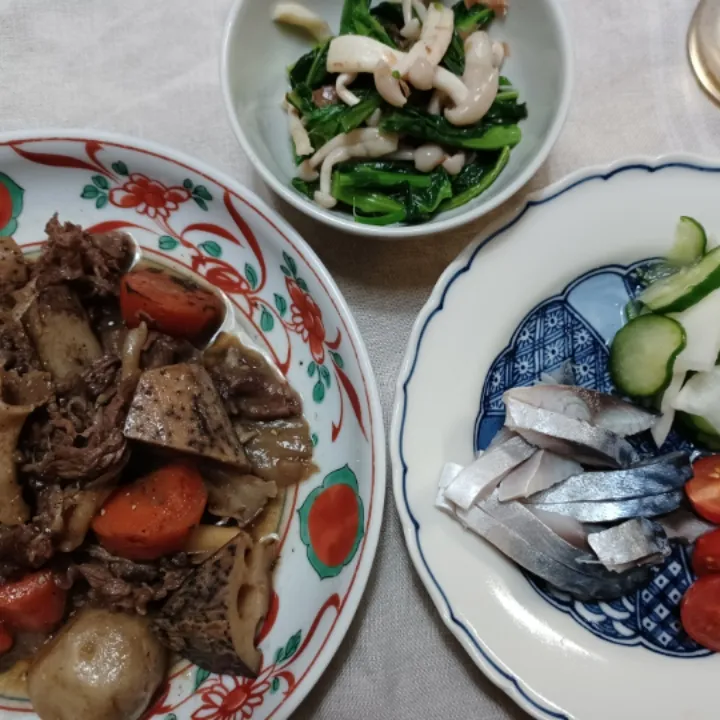 牛肉と根菜の甘辛炒め煮、〆鯖、菜花のお浸し|ぱいんてーるさん