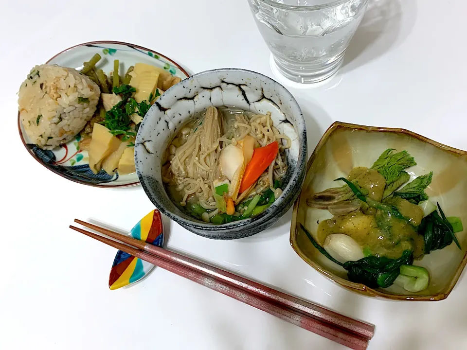 筍せりご飯　蕗のとう　ノビルの山椒味噌|卍さん