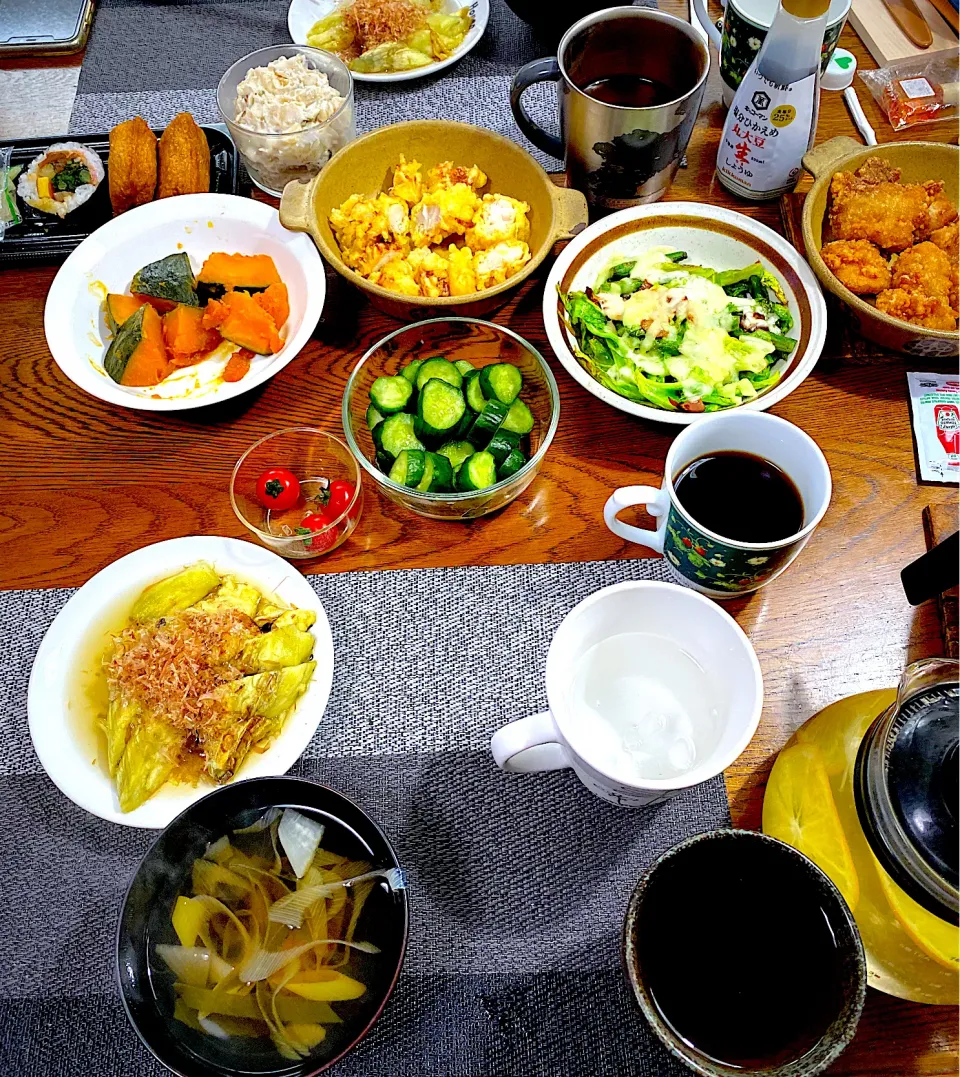 焼き茄子、桜姫どりササミ天ぷら、唐揚げ、お寿司も残っているので片付け優先。|yakinasuさん