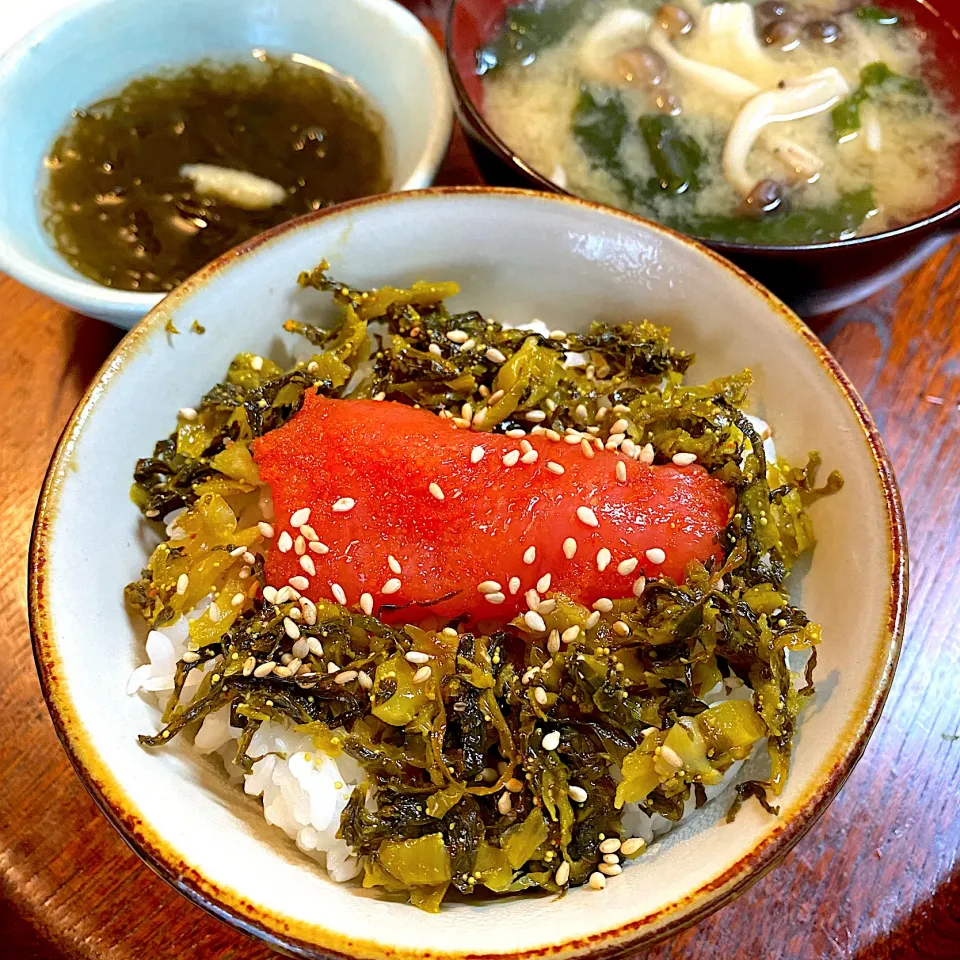 Snapdishの料理写真:明太子と高菜の朝ごはん|Hiromi Isonagaさん