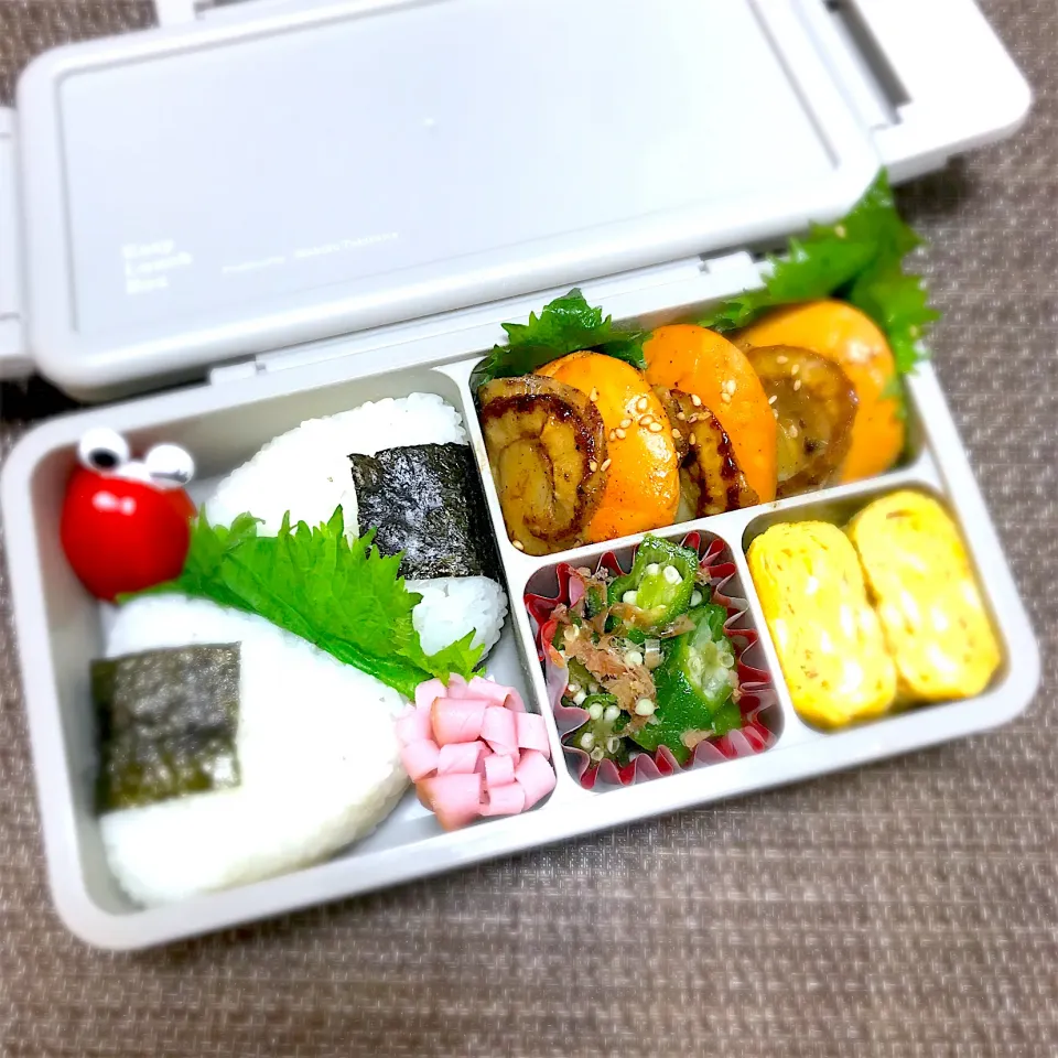 Snapdishの料理写真:JK2弁当🍱〜ホタテバター醤油焼き・玉子焼き・オクラ出汁漬け・花ハム|華恋さん