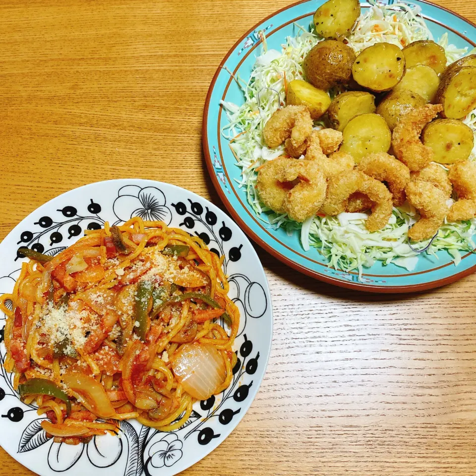 ナポリタン🍝 
新じゃがの梅こんぶマヨ和え
ミニえびフライ|naoさん