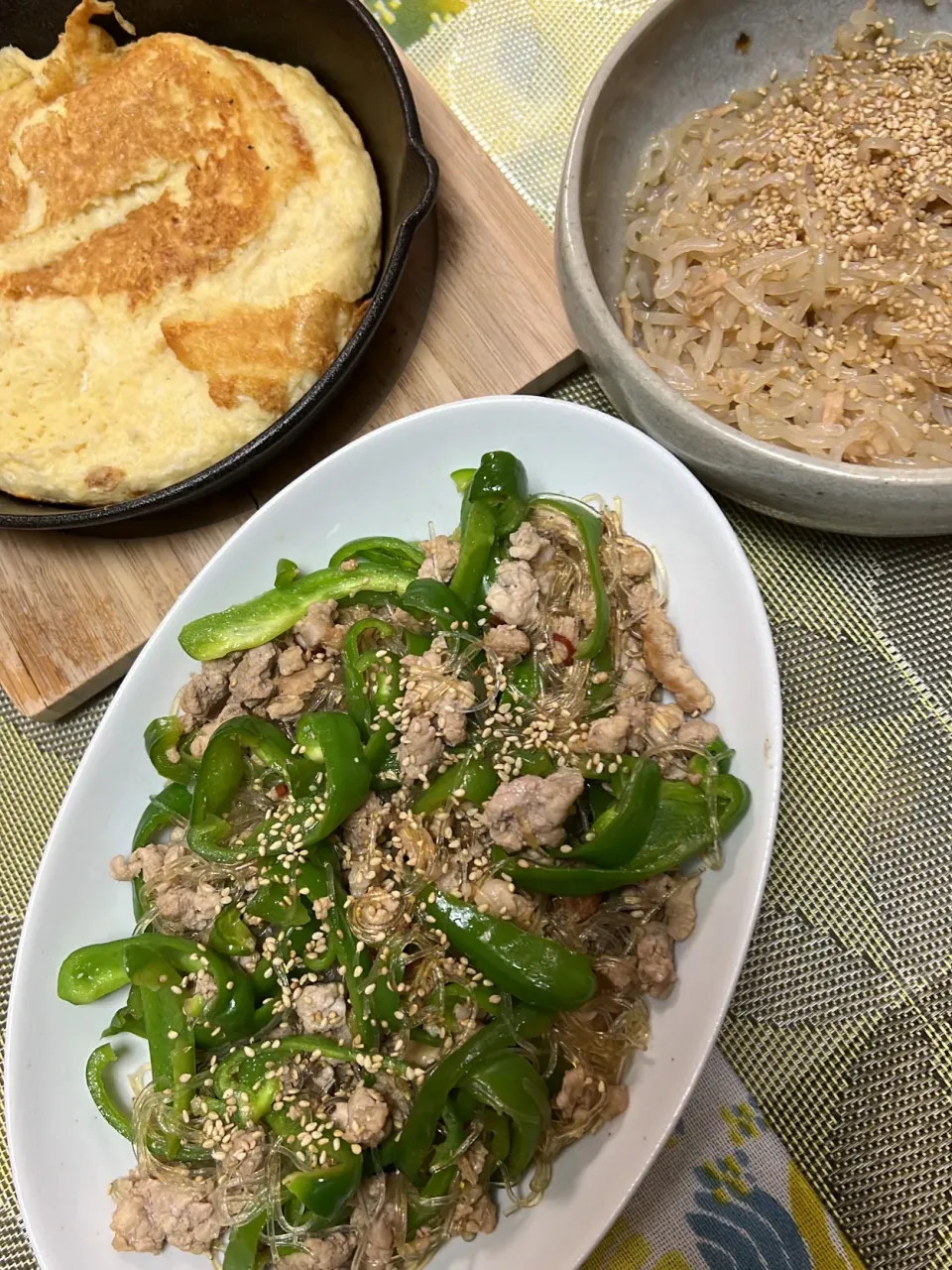 ピーマン春雨、しらたきとツナの炒め煮、大和芋焼き|peanutsさん