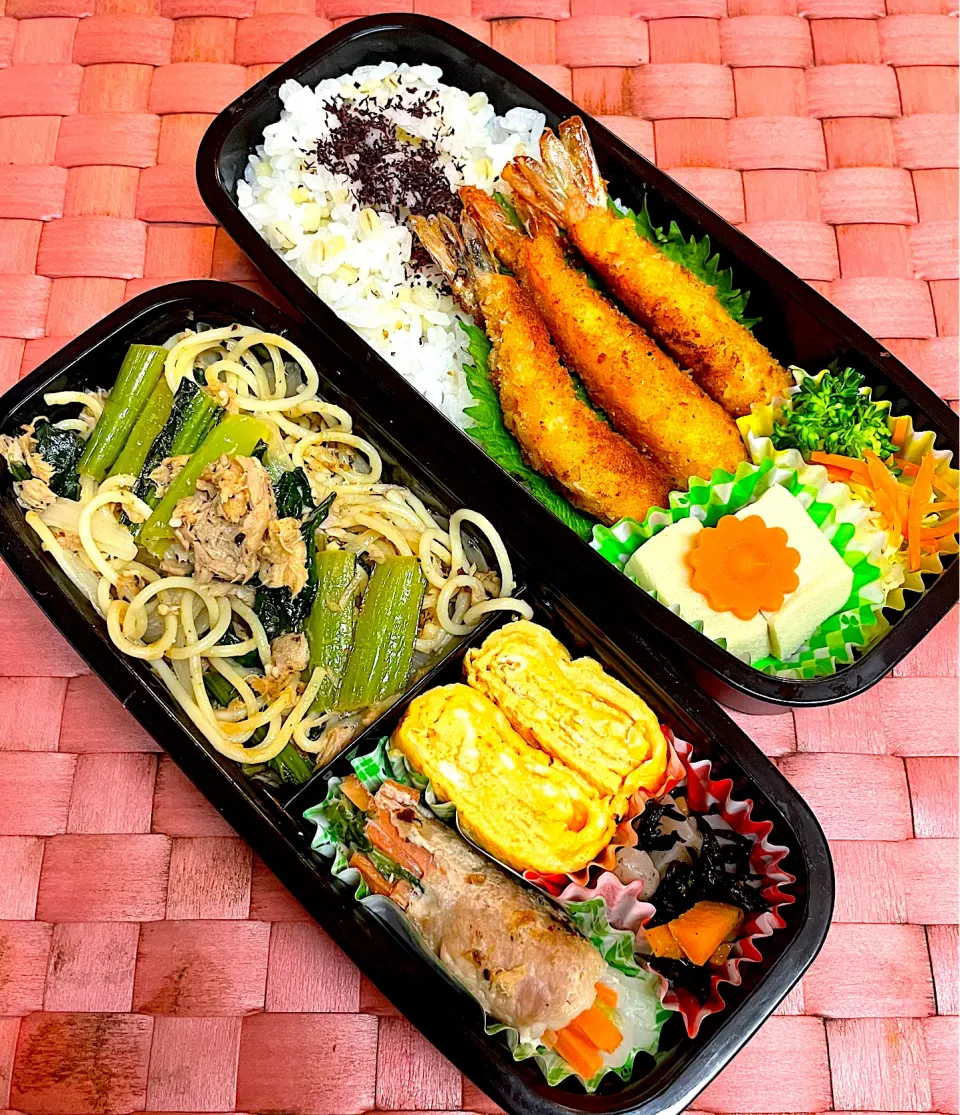 中学生息子のお弁当🍱 海老フライと小松菜ツナパスタ弁当|Snow10さん