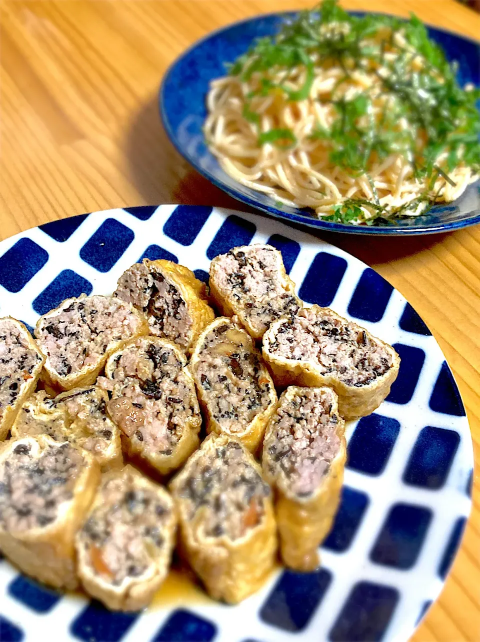 明太スパサラ、油揚げでひき肉巻き巻き。|デコさん