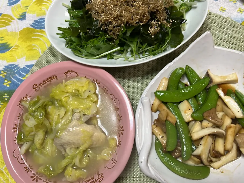 Snapdishの料理写真:春キャベツと鶏手羽の塩煮込み、スナップえんどうとエリンギのピリ辛炒め、わかめとじゃこのサラダ|peanutsさん