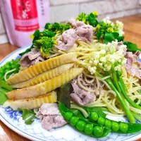 🌸季節の野菜と豚肉🐷の冷製パスタ🍝
大皿2人前！