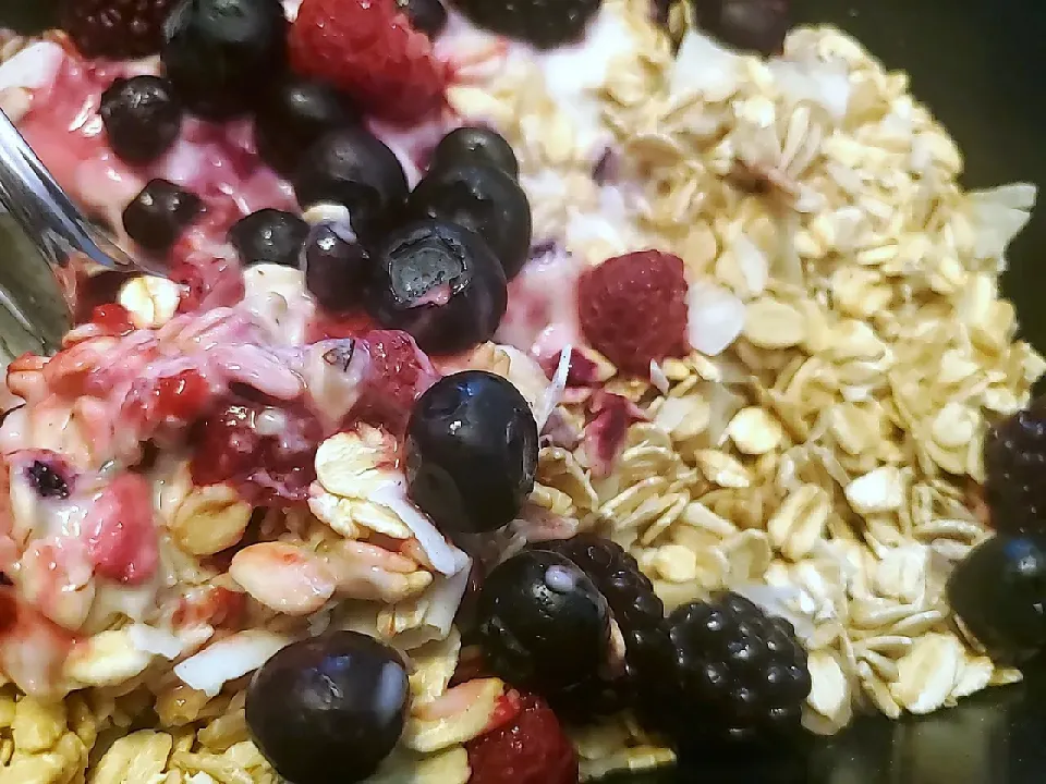 Oats, Berries, Coconut Shreds, Coconut Yogurt, Cinnamon, Agave, Himalayan Salt|Ashさん