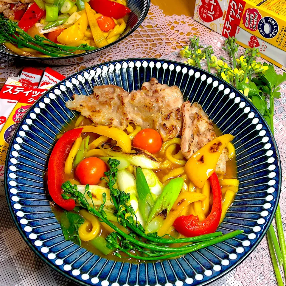 豚バラと菜の花の揚げ焼きカレーうどん|さらっと🍀さん