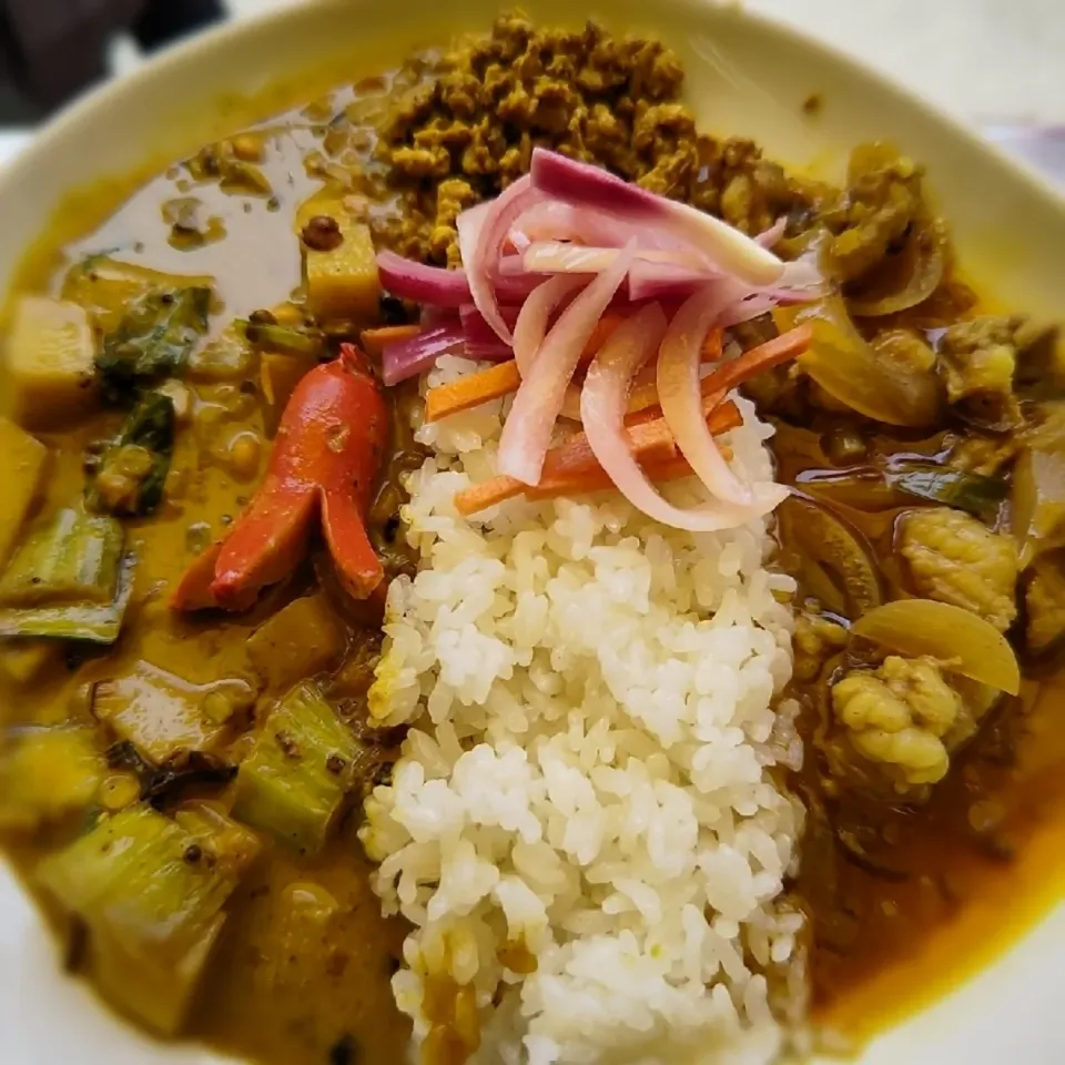 牛ホルモンカレー＋新じゃがとチンゲン菜のミックスダルカレーのあいがけカレーwithタコさんウインナー🐙|ふじわらたくやさん