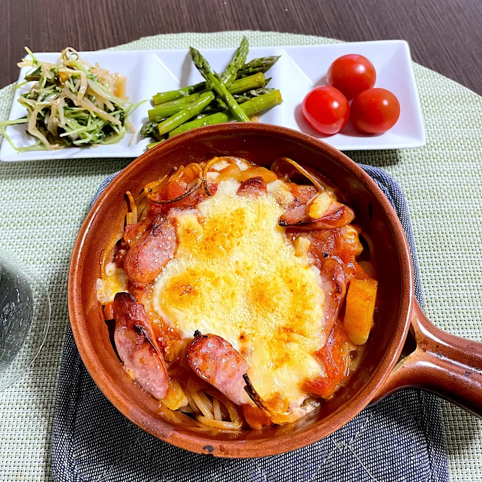 Snapdishの料理写真:4/21晩ご飯：トマトスープの焼きパスタ|ななみんさん