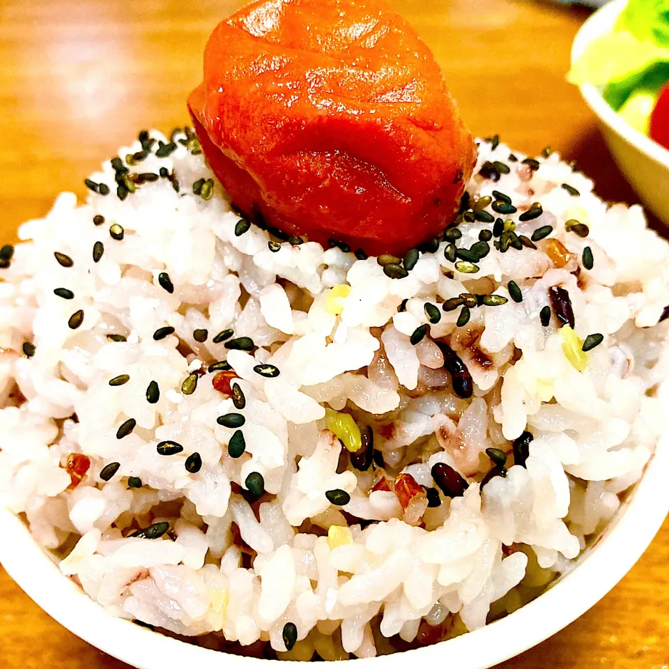 炊き立てご飯❤️梅干しとごま塩🍚4種類の古代米入りでモチモチ✨|まいりさん