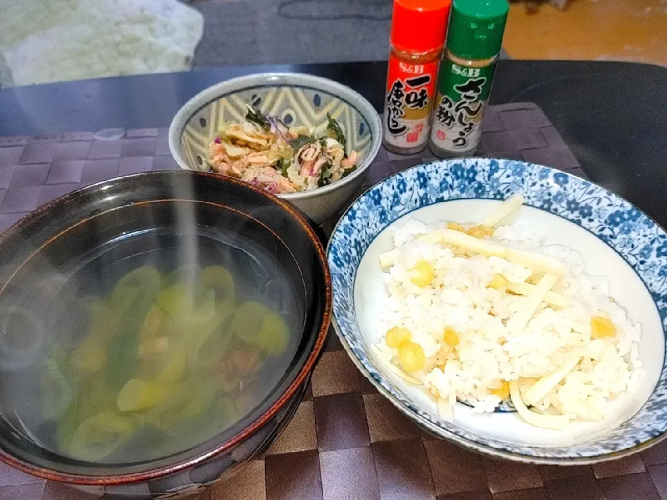 休みの朝は、今シーズン初の筍ご飯・長ねぎと茸のお吸い物・ノンオイルツナ缶と三陸産ワカメのサラダを食し、今夜からの夜勤に備えます|Tarou  Masayukiさん