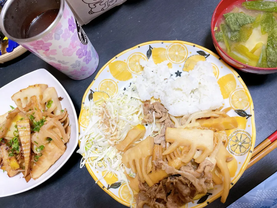 筍と豚肉の甘辛煮　筍のバター醤油炒め　お味噌汁|ミホさん