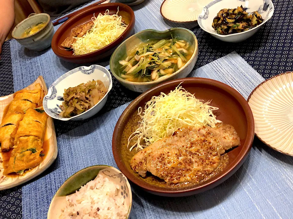 揚げの水菜巻き、水菜の炊いたん、牛蒡豚に、豚肉のマスタードソース焼き、ナスと大葉の塩揉み|amiさん