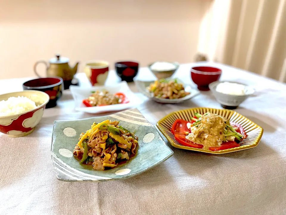 青椒肉絲と棒棒鶏の晩ごはん🍚|ゆかりさん