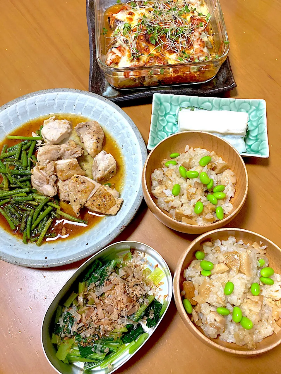 筍のお寿司♡大根の酒粕漬け♡ニンニクの芽と鶏肉の中華風炒め♡茄子のミートグラタン♡茹で小松菜のおかか和え|さくたえさん