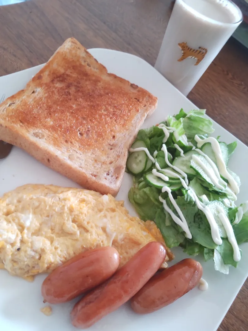 モーニング🍞
クルミ食パン(バター)
たまごオムレツ
ポークウインナー
サラダ(レタス 胡瓜)|たつかばさん