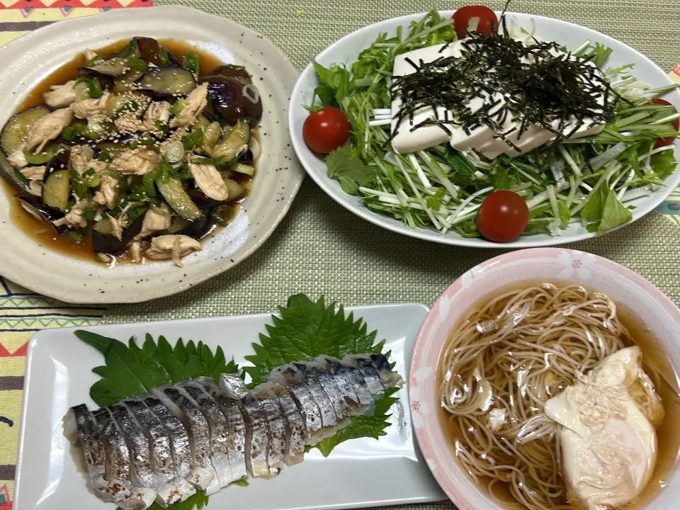 Snapdishの料理写真:なすとささみの中華和え、豆腐サラダ、炙りしめ鯖、煮麺|peanutsさん