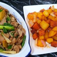 Dinner 😋💁‍♀️
stir fry 五花肉 
luncheon meat potato + 🍅 sauce + red onion