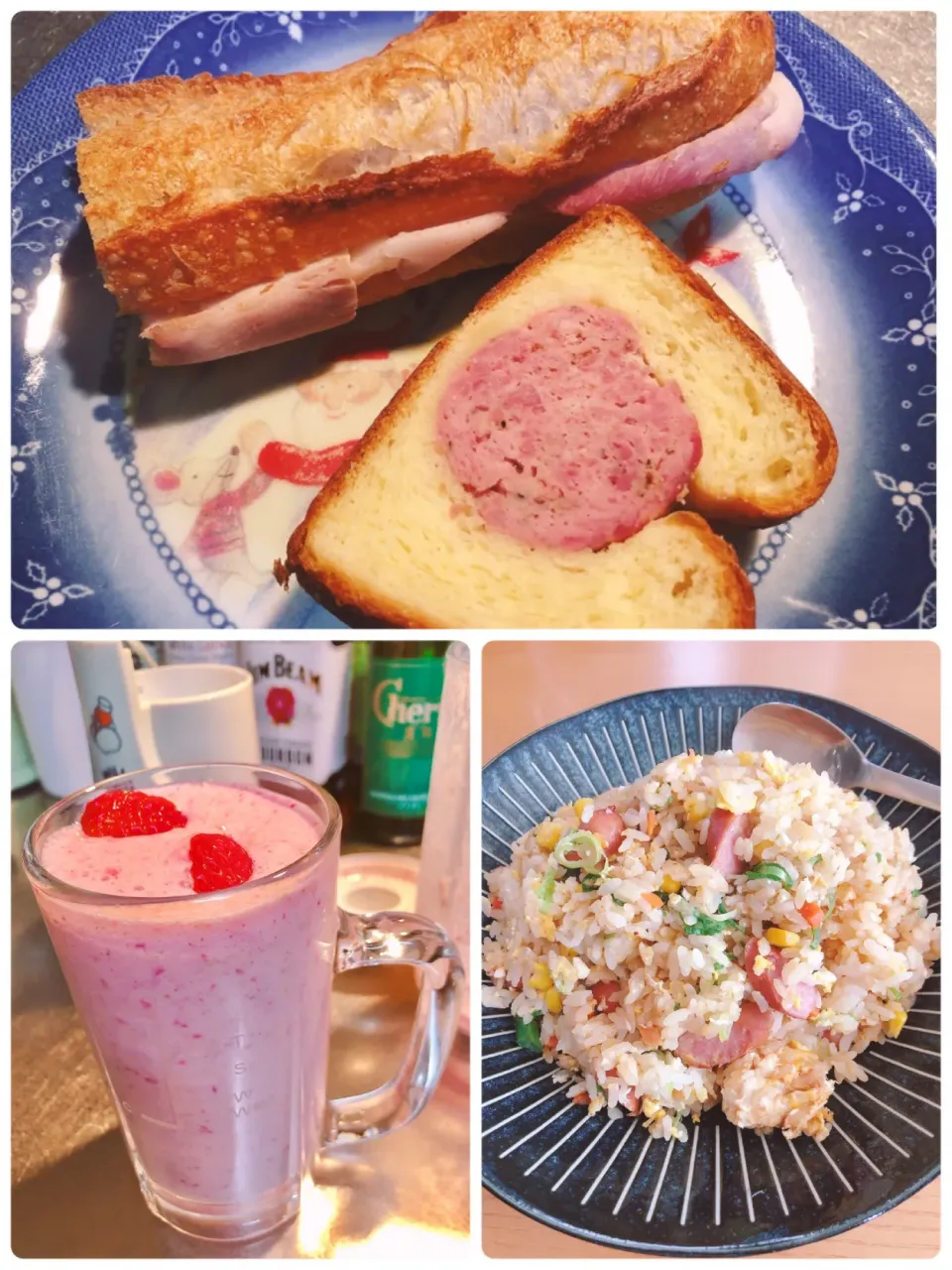 朝は牛乳と苺とはちみつ、ベイクのパン🥪昼は余り物で焼き飯😊|海斗さん