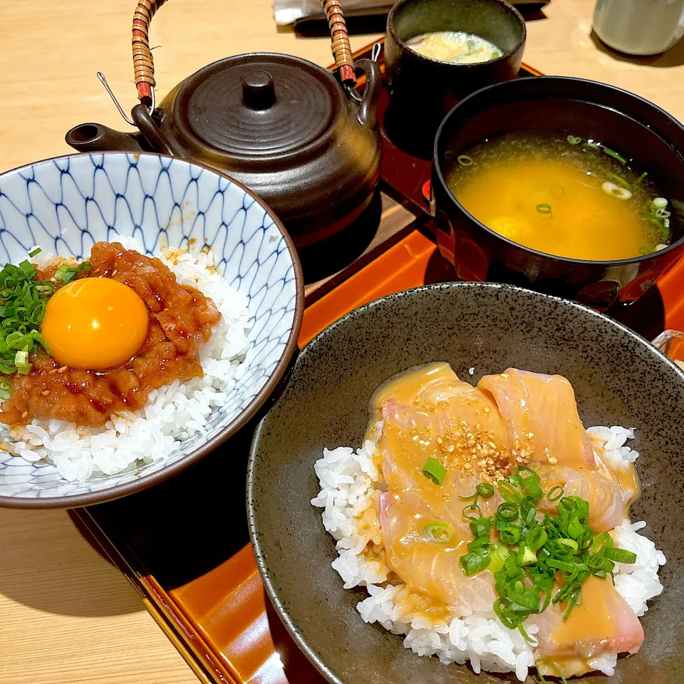 ねぎとろユッケ丼と鮮魚ゴマ茶漬けの二色丼@魚釜(月島)|塩豚骨さん