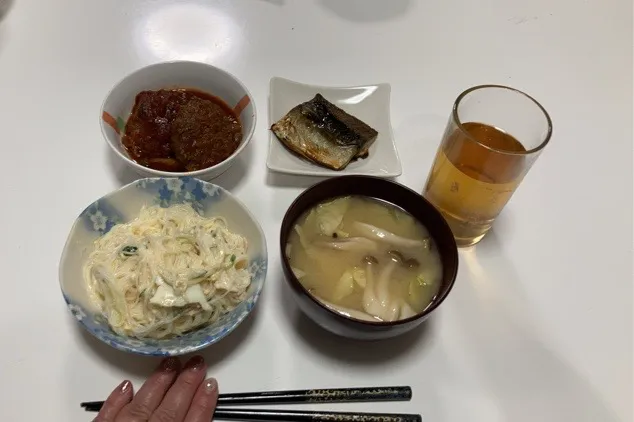 Snapdishの料理写真:作り置きで晩御飯(^^)☆春雨サラダ☆煮込みハンバーグ☆塩鯖☆みそ汁（しめじ、大根、キャベツ）|Saharaさん