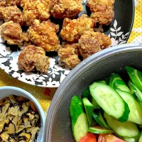 Snapdishの料理写真:切り干し大根とヒジキの炒め煮　サラダ🥗　唐揚げ|掛谷節子さん