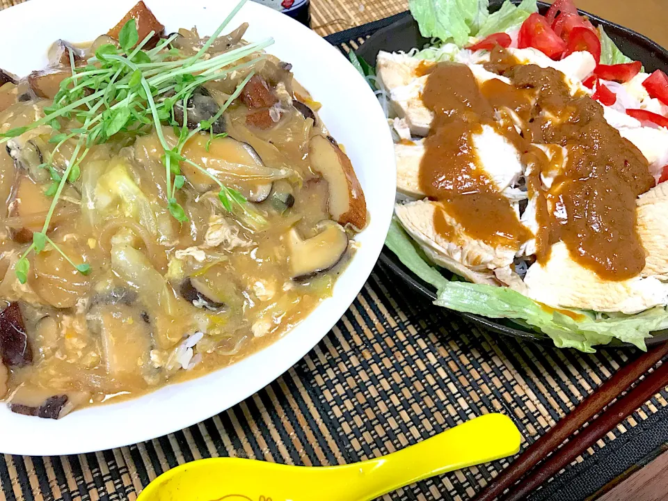 中華餡掛け丼、棒棒鶏サラダ|まみみさん