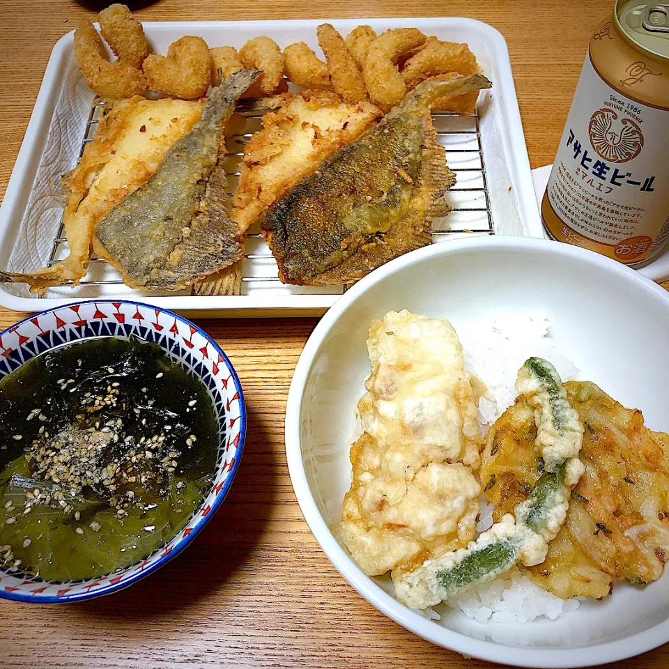 天丼
カレイの唐揚げ、ちっちゃい海老フライ|naoさん