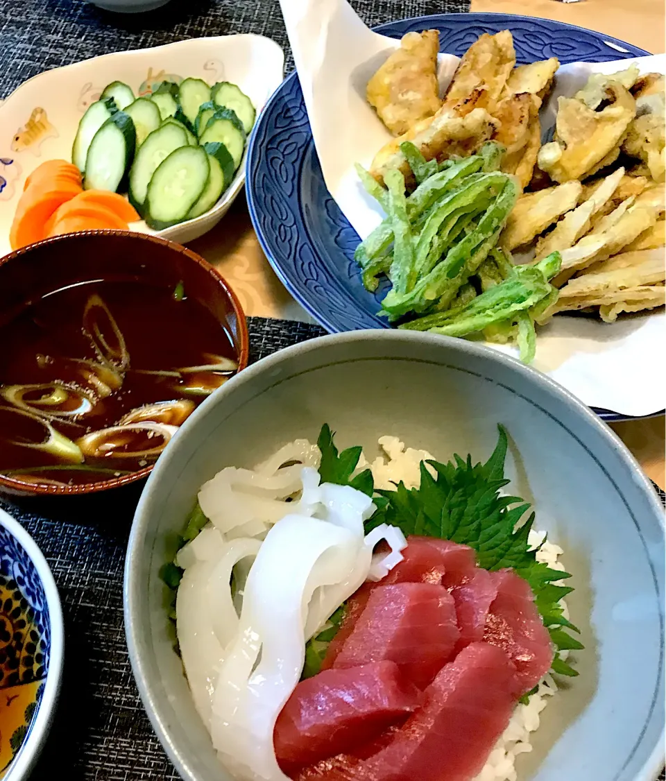 野菜天ぷら、お刺身乗っけ丼|sobacoさん