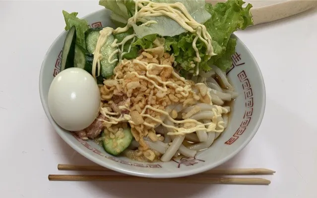 お昼ごはん。冷やしサラダうどんにしました。ゆで卵、レタス、胡瓜、天かす、ツナをトッピング。乗せてる横から娘とパパは、レタスにマヨをつけながらつまみ喰い。|Saharaさん