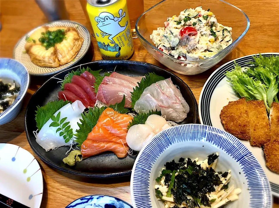 長芋の紫蘇海苔和え　ポテトサラダ　厚揚げ焼き　お刺身盛り|じゅんさんさん