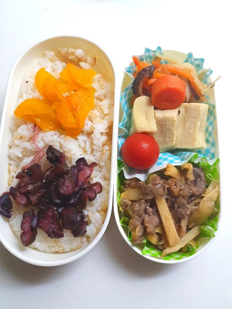 Snapdishの料理写真:☆中学生弁当☆玄米入りごはん、漬物、切干大根、高野豆腐、ミニトマト、青椒肉絲|ｼｮｺﾗさん