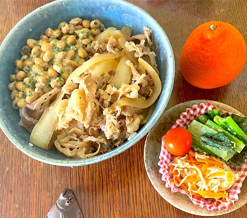 ランチ♯ネバネバ丼♯納豆牛丼|小松菜さん