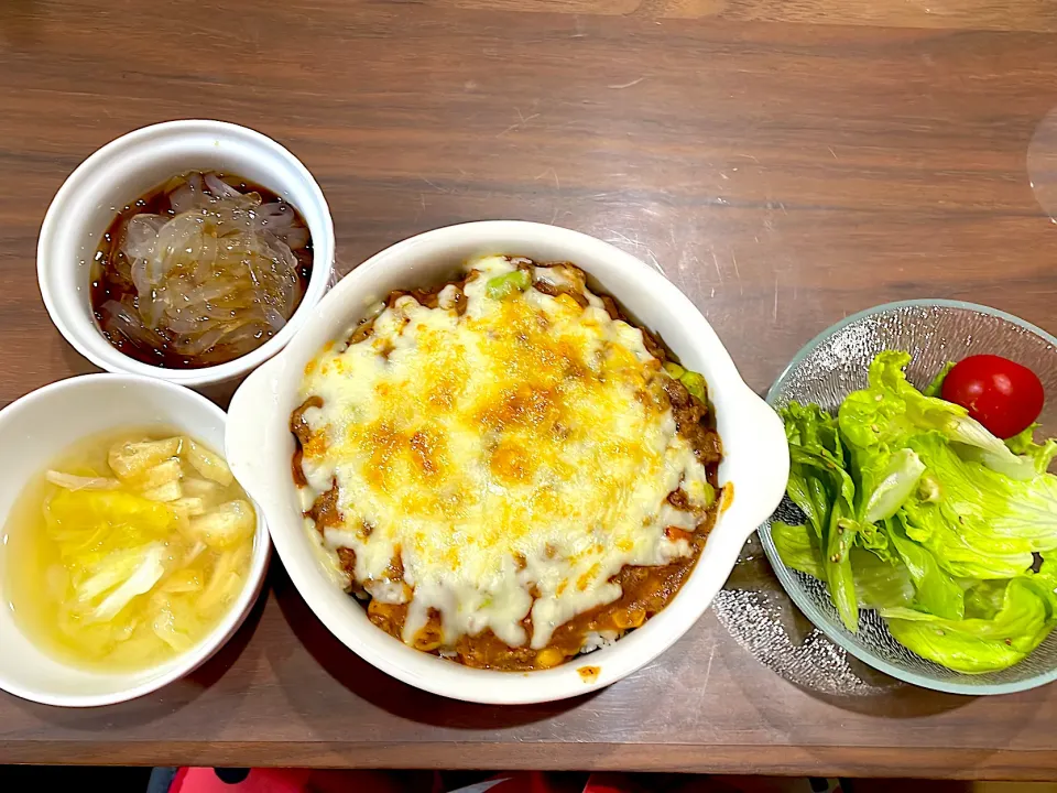 冷蔵庫総ざらえ　チーズドリア　チョレギサラダ　キャベツとえのきの味噌汁　ところてん|おさむん17さん