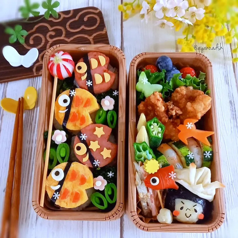 ソーセージおにぎりとたまごおにぎり
丸いフォルムのこいのぼり🎏
こどもの日弁当🌱|ayano.adshさん