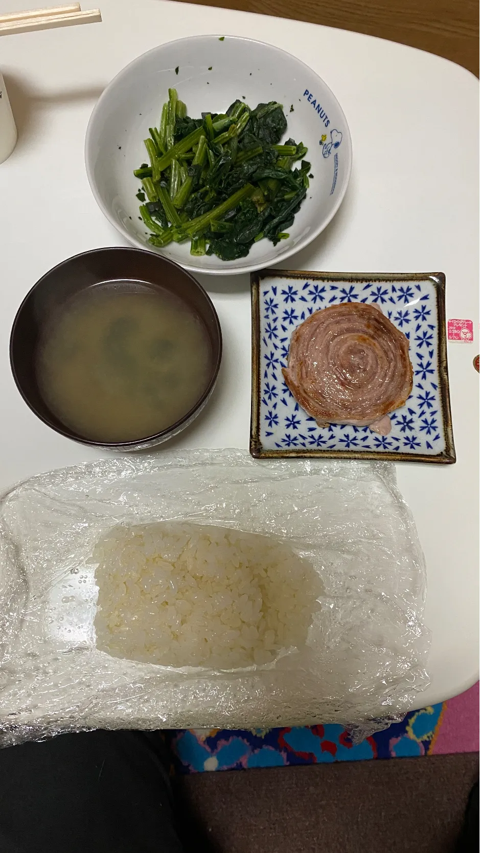 Snapdishの料理写真:お米　みそ汁(しじみ) ほうれん草　ロールステーキ|あいさん