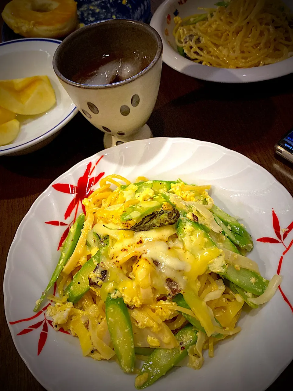 筍アスパラガスとパストラミビーフのカルボナーラスパゲティ　冷ほうじ茶|ch＊K*∀o(^^*)♪さん