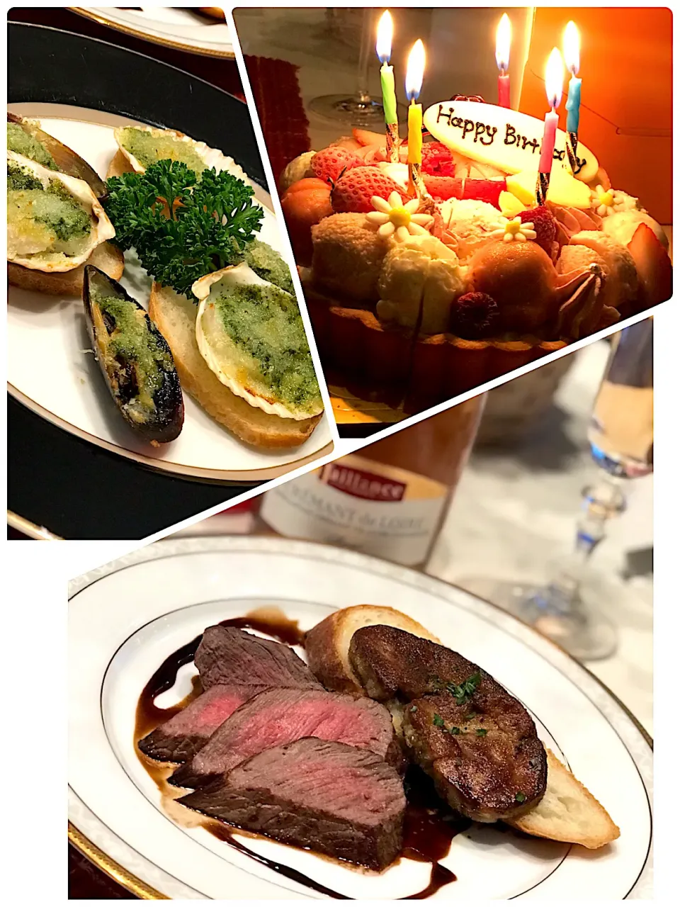 Snapdishの料理写真:帆立＆ムール貝のブルギニョン➰黒毛和牛のモモ肉ステーキ🥩フォアグラを添えて！😋🥂|ナムナムさん