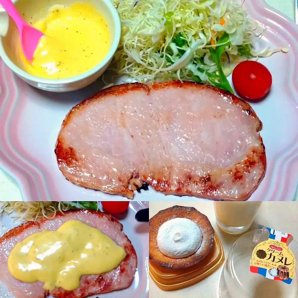 Snapdishの料理写真:ロースハムステーキのハニーマスタードソース添え|うたかた。さん