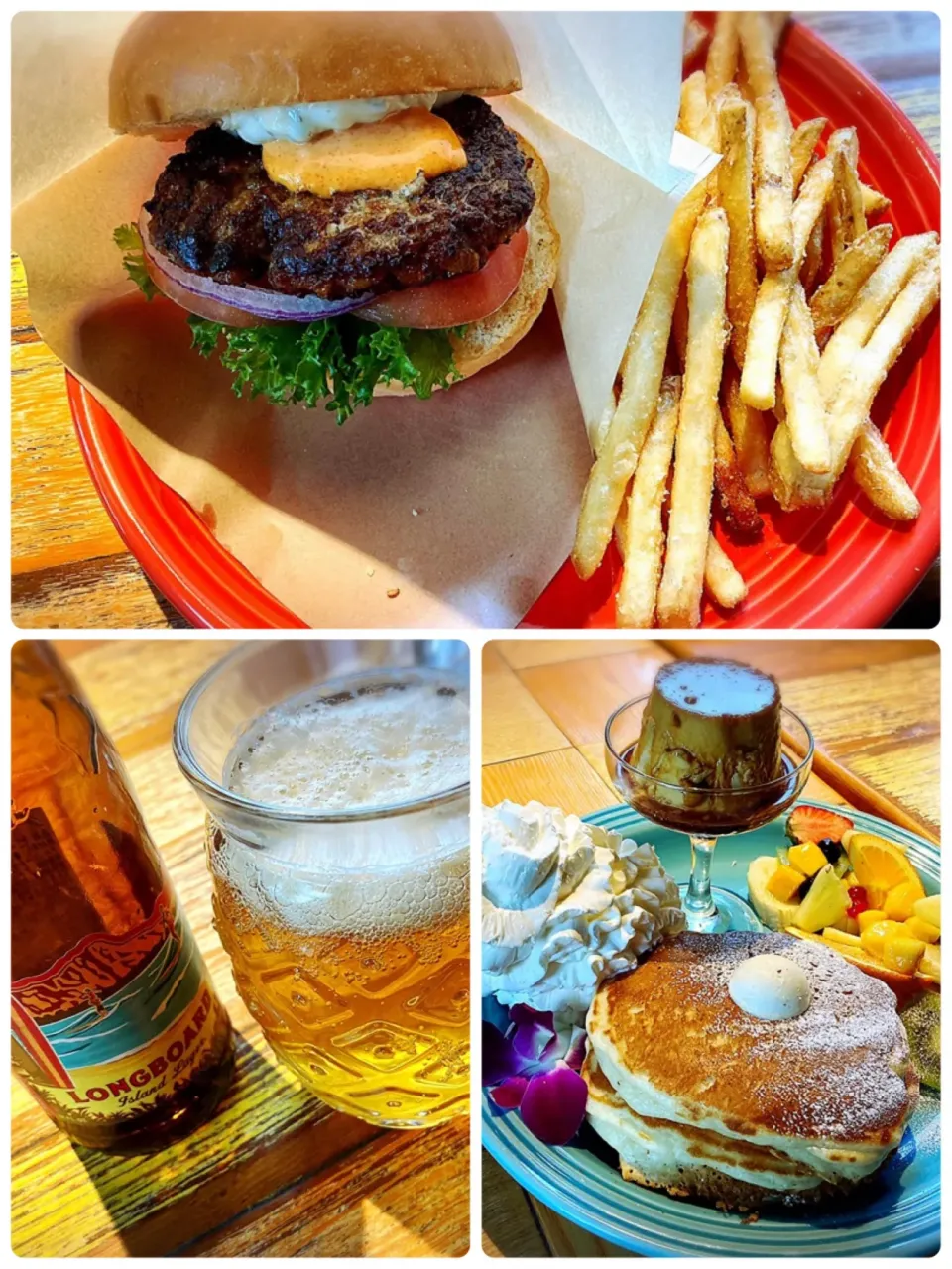 コナズバーガー ¥1,408＋ブランアラモアナパンケーキ ¥1,738＋ロングボードアイランドラガー ¥825|Blue Moon Caféさん